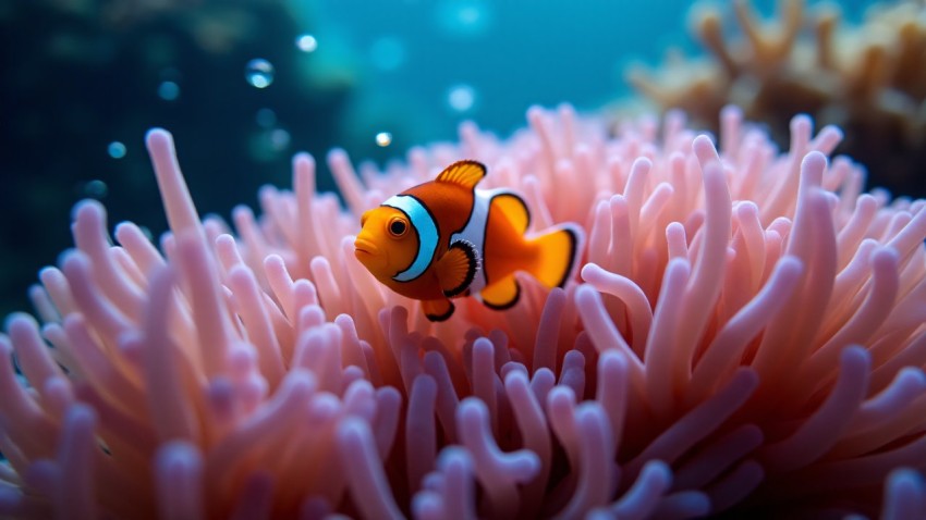 Clownfish Swimming Among Sea Anemone Tentacles Underwater