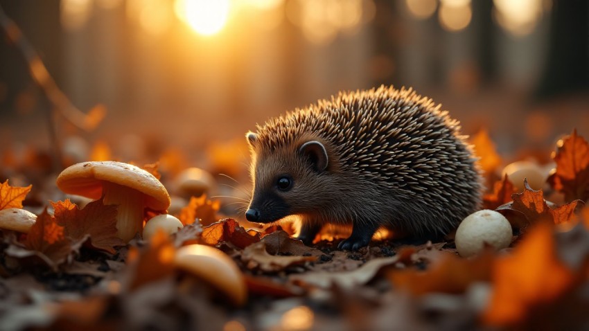 Hedgehog Foraging Among Fallen Leaves in Autumn Forest