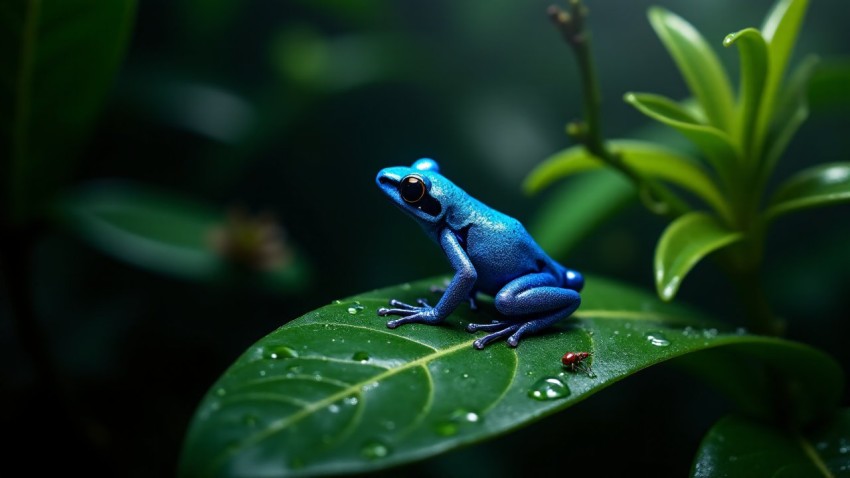 Blue Poison Dart Frog on Dewy Rainforest Leaf