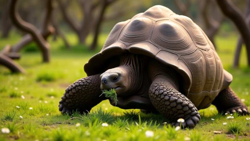 Giant Galápagos Tortoise Grazing in Grassy Clearing