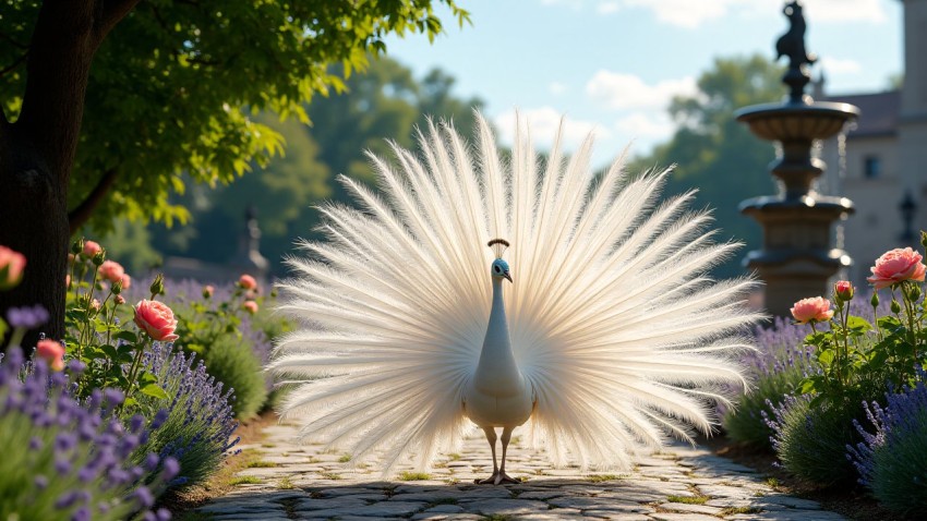 Albino Peacock Displaying Feathers in Historic Garden