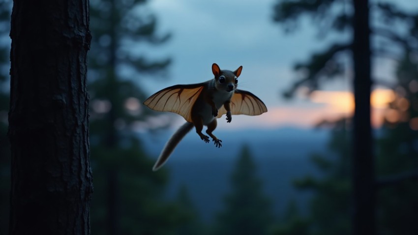 Flying Squirrel Gliding Between Pine Trees at Dusk