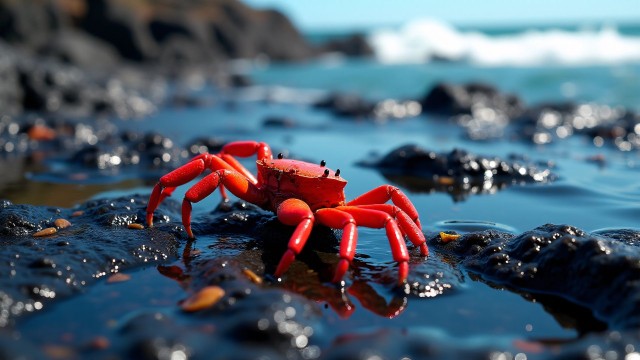 Red Crab Crawling on Volcanic Rocks by Tide Pool
