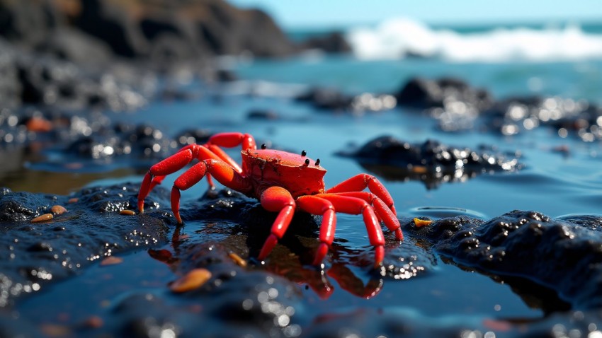 Red Crab Crawling on Volcanic Rocks by Tide Pool