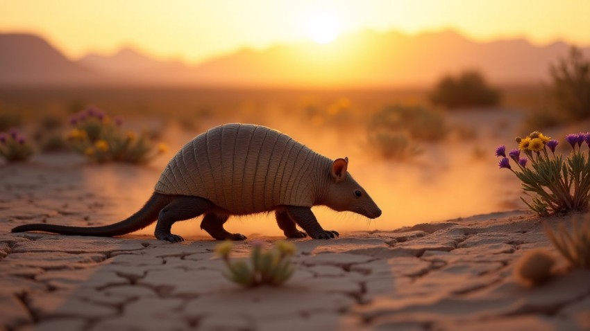 Armadillo Crossing Desert at Golden Hour Amid Wildflowers