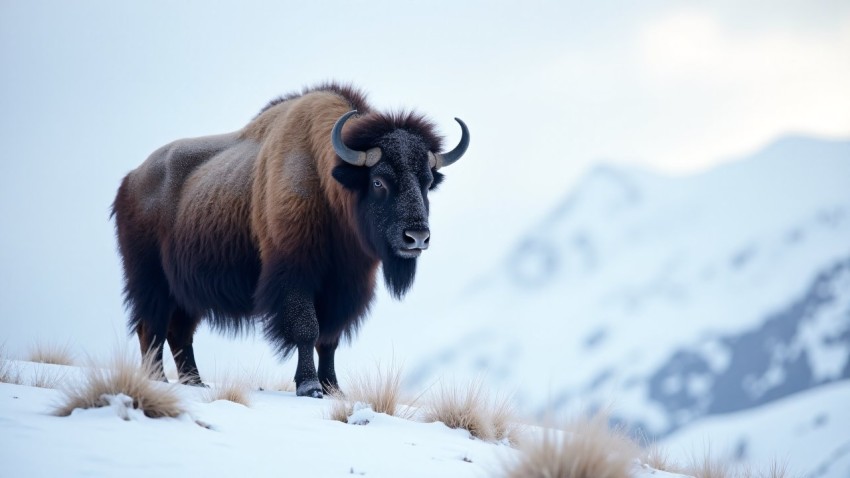 Musk Ox Standing on Snowy Ridge in Arctic Wilderness