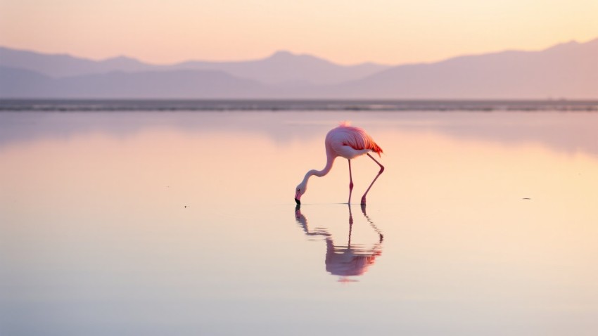 Graceful Flamingo Reflecting in Sunrise Salt Flats Scene