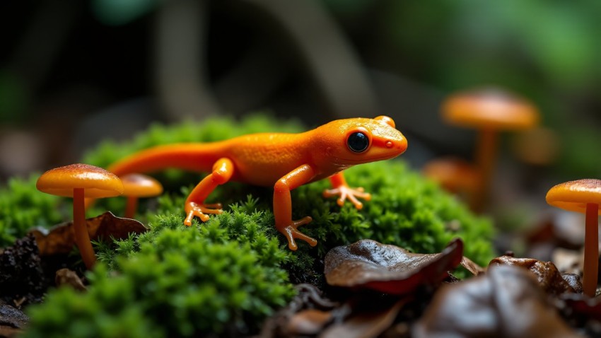 Vibrant Orange Salamander on Rain-Soaked Forest Floor