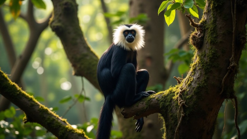 Colobus Monkey Resting on Branch in African Rainforest