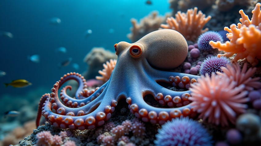 Octopus Camouflaging Among Coral Reef at Dusk