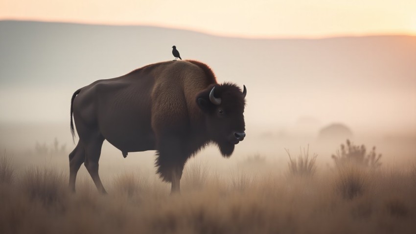 Majestic Bison in Foggy Prairie at Dawn