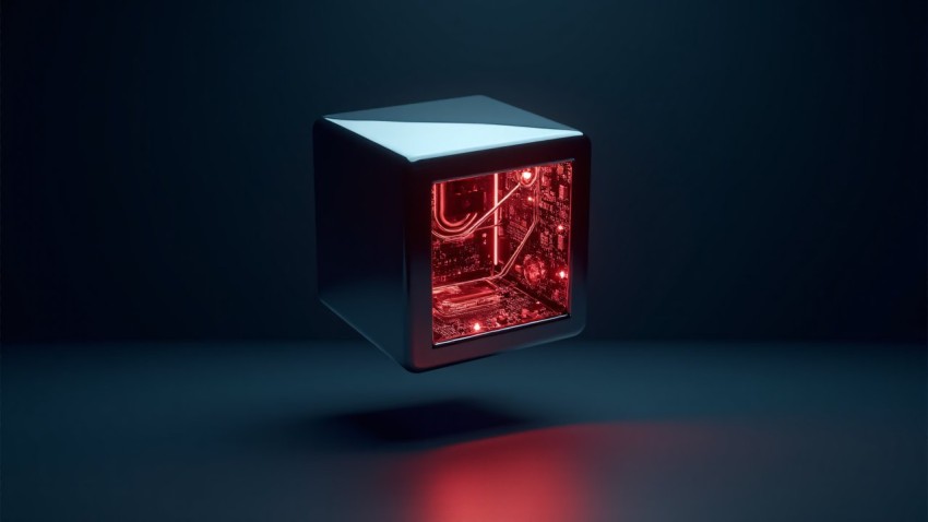 AI Cube with Open Face Revealing Digital Circuits