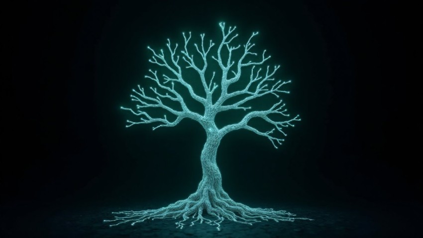 Digital Circuit Tree with Glowing Roots and Branches