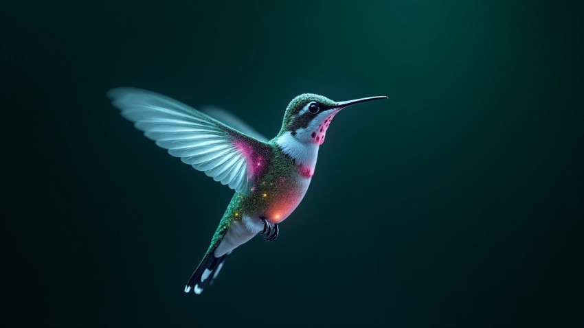 Hummingbird with Glowing Circuitry Wings Hovering Mid-Air