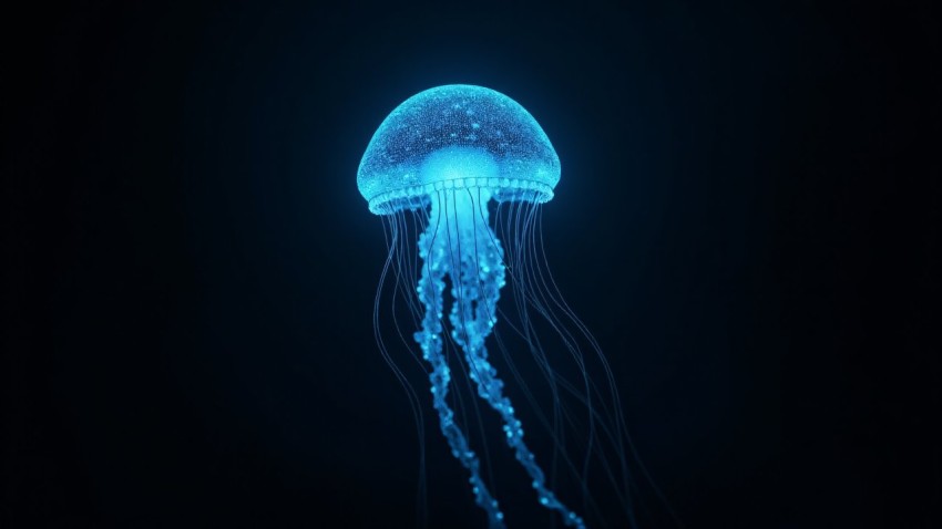 Jellyfish with Glowing Digital Circuits in Glass Bell