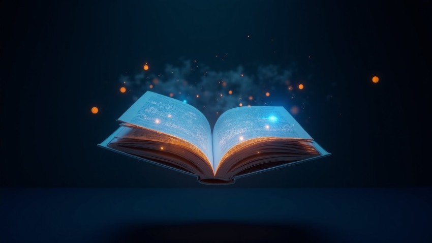 Floating Digital Book with Glowing Code and Circuitry