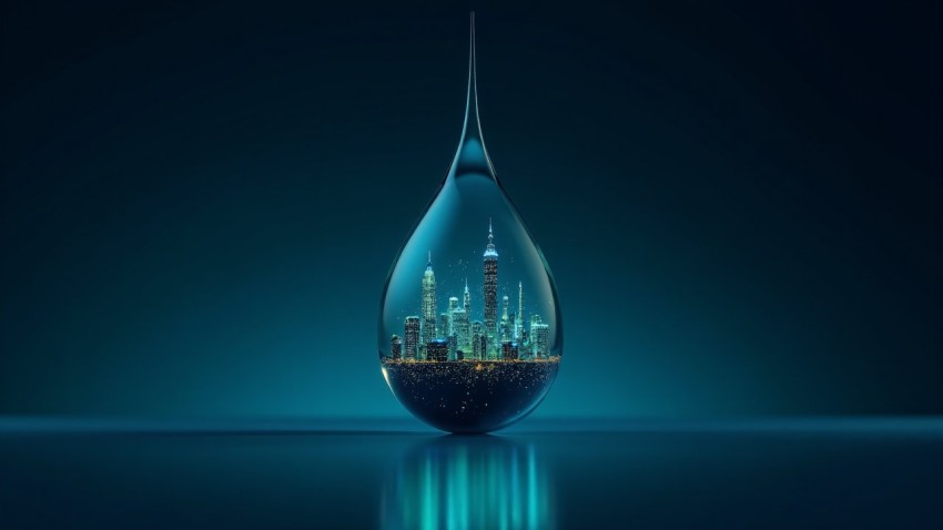 Crystal Water Droplet Containing Futuristic Circuit Cityscape