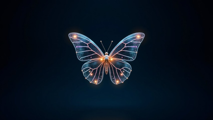 Metallic Butterfly with Glowing Circuitry Wings in Flight