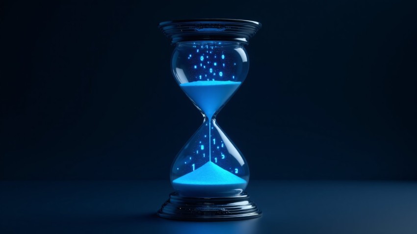 Digital Hourglass with Flowing Blue Data Stream