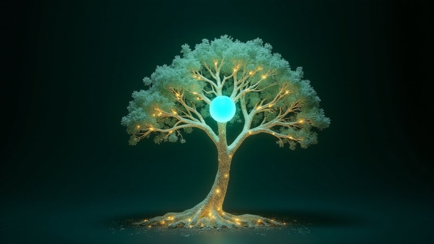 Glowing Glass Tree with Circuitry and Data Core