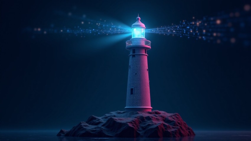 Futuristic Lighthouse with Glowing Digital Beacon and Circuits