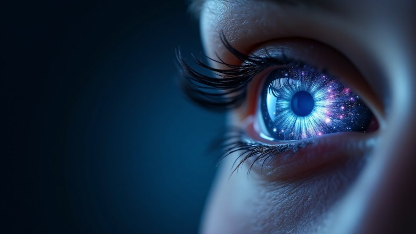 Futuristic Human Eye with Glowing Galaxy Iris