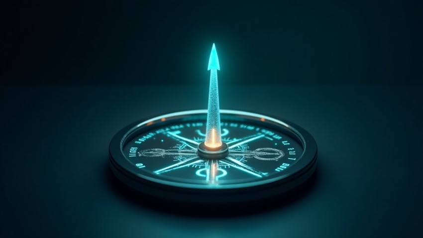 Digital Compass with Glowing Holographic Arrow and Circuits