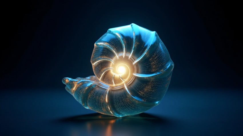 Glowing Spiral Seashell with Digital Circuitry Segments