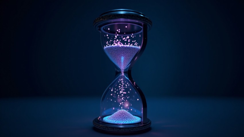 Digital Hourglass Filled with Glowing Data Cubes