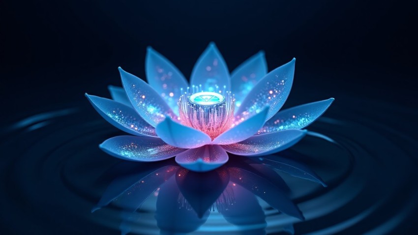 Glowing Glass Lotus Blossom with Digital Circuits