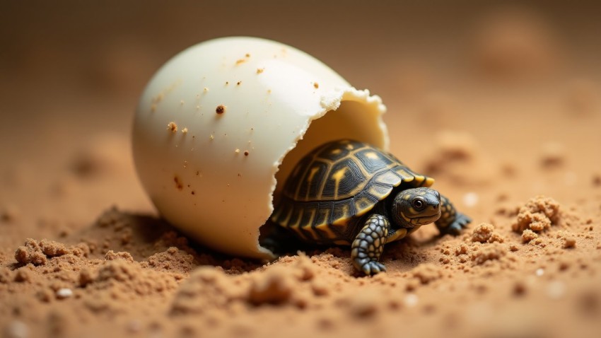 African Spurred Tortoise Hatchling Emerging from Egg