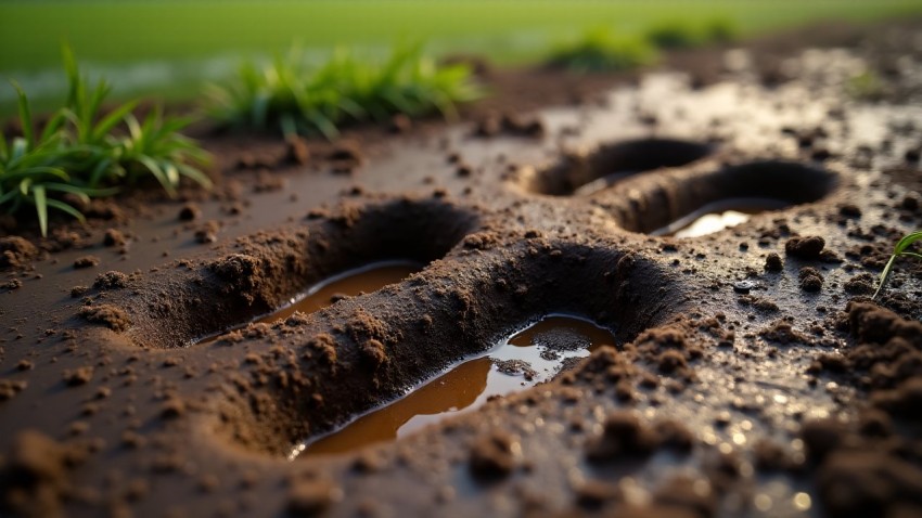 Football Cleat Imprints on Muddy Field Close-Up