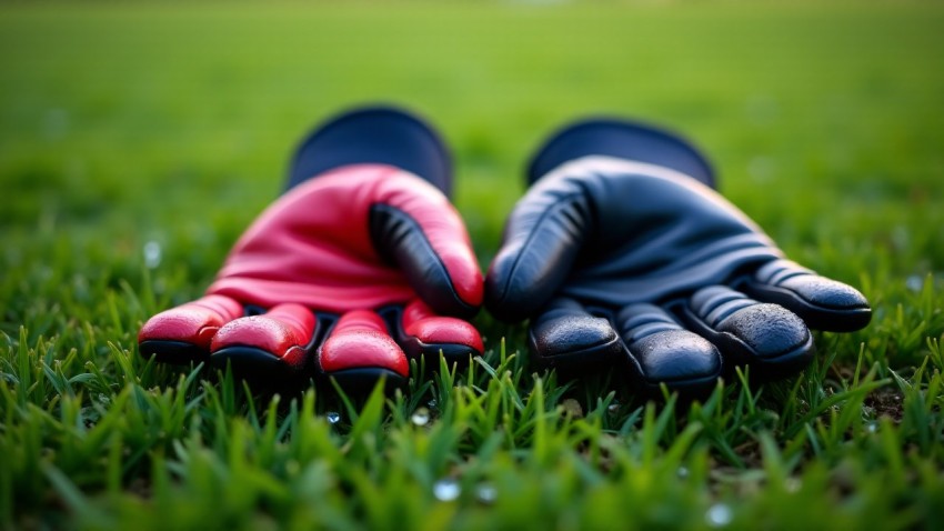 American Football Gloves on Grassy Field Close-Up