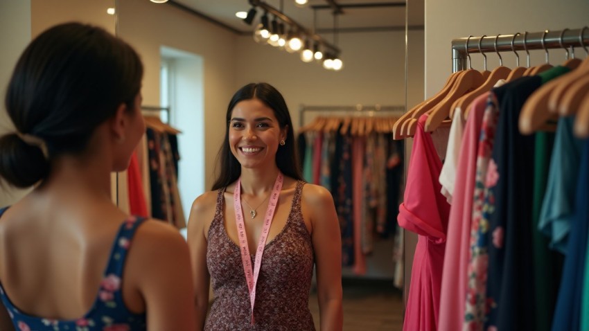 Latina Entrepreneur Assisting Customer in Modern Boutique