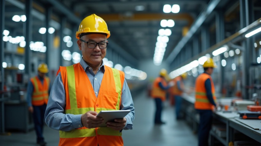 Asian American Factory Supervisor in Modern Manufacturing Facility