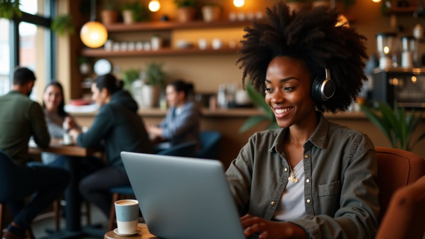 Young African American Woman Freelancing in Urban Cafe