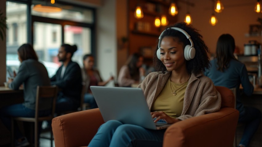 Young African Woman Working on Laptop in Cafe