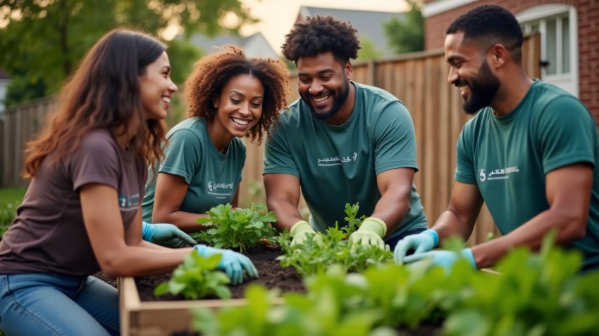 Diverse Employees Volunteering at Community Garden Together