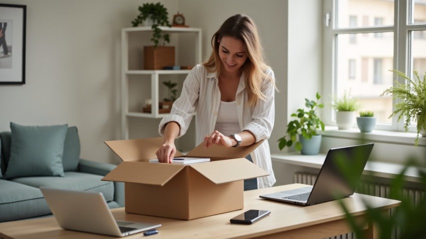 Young Woman Unboxing New Product in Home Office