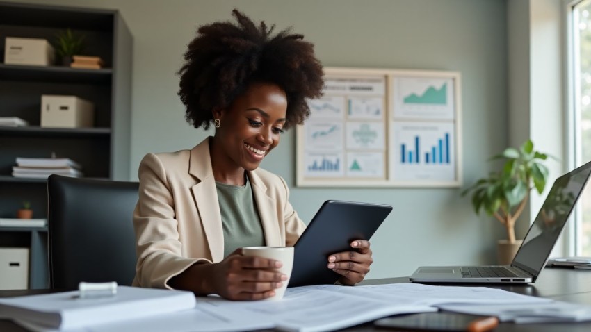 Black Woman Reviewing Financial Statements in Modern Office