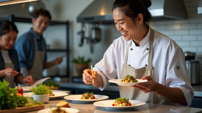 Asian American Chef Presenting Dish in Modern Kitchen