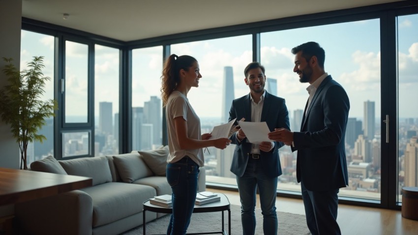 Hispanic Couple Touring Luxury Apartment in U.S. City