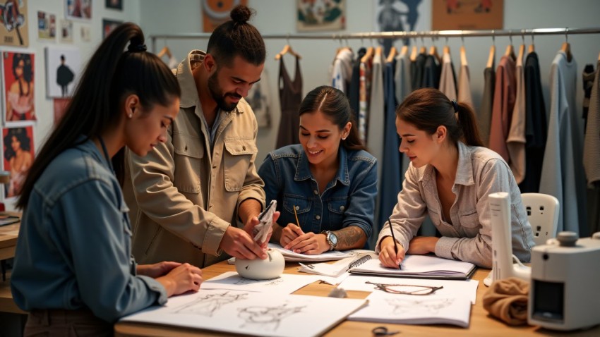 Fashion Designers Collaborating in Design Studio