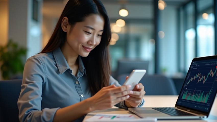 Young Asian Woman Using FinTech App for Investments