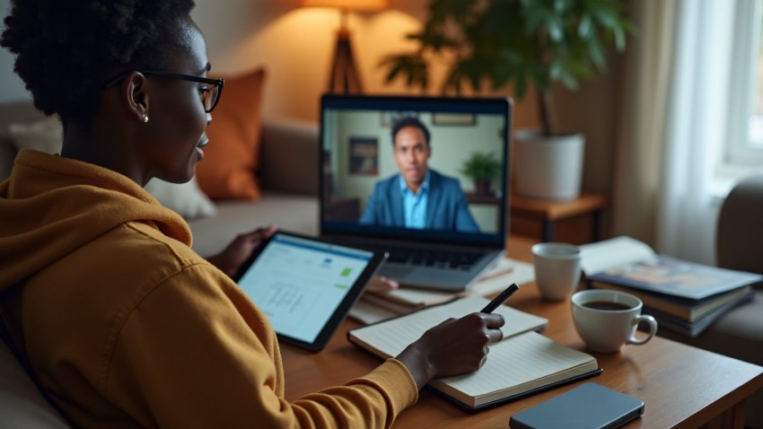 Young Black Woman in Virtual Class at Home