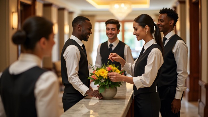 Hotel Staff Preparing for Guest Arrival in Lobby