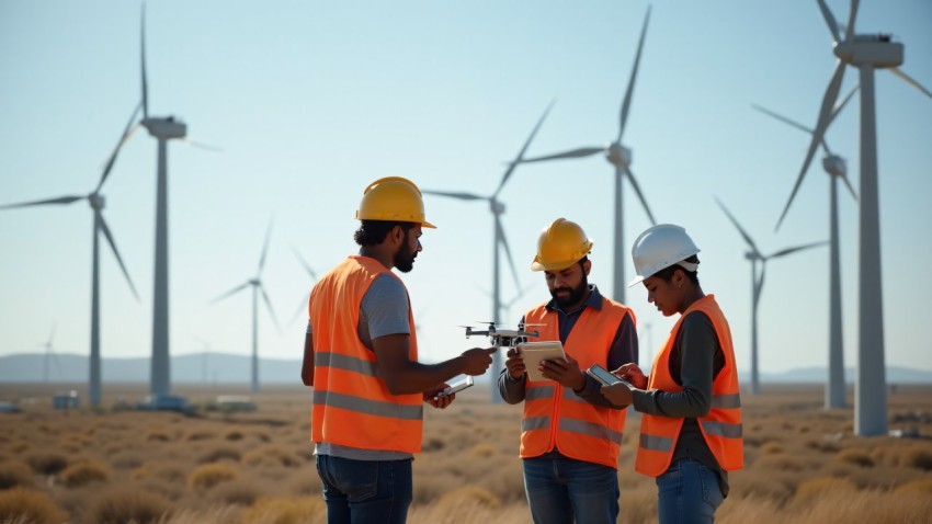 Engineers Inspect Wind Turbine at Renewable Energy Site