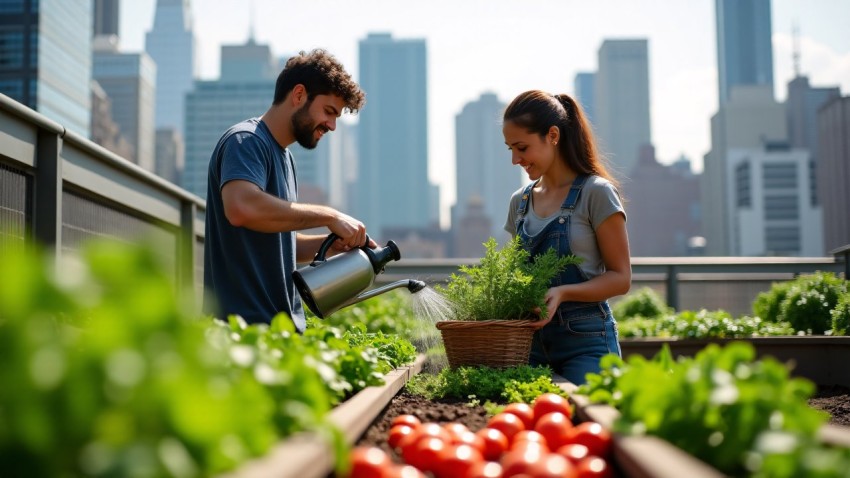 Urban Rooftop Garden with Young Couple in City