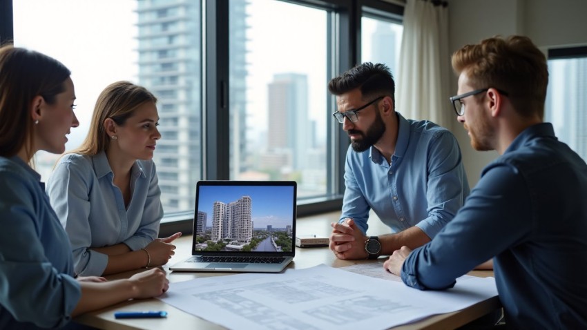 Construction Team Reviewing Plans for Residential Development