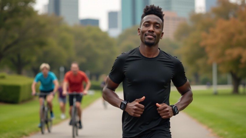 Jogger Using Smartwatch on Scenic City Park Trail